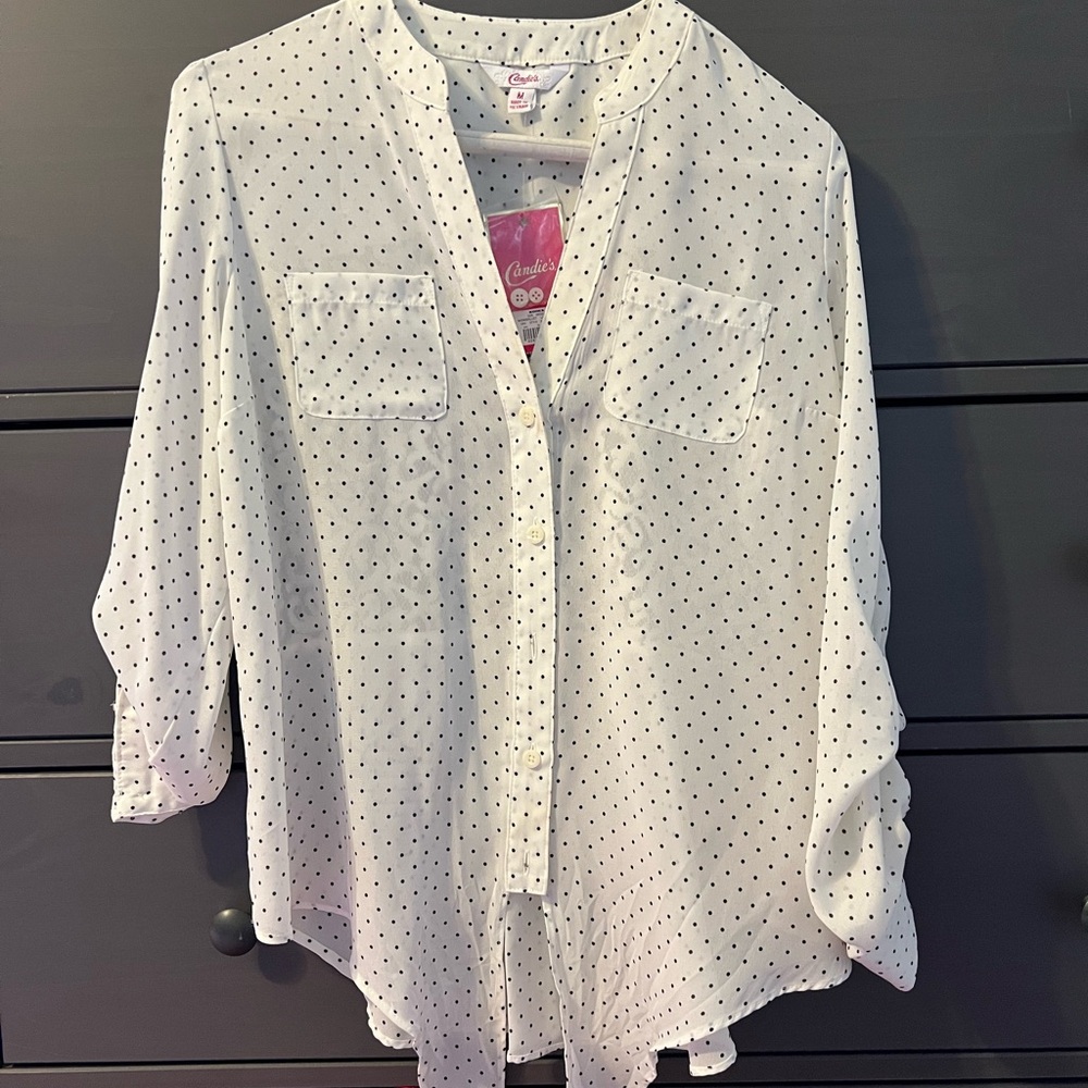 White Polka Dot Women's Button Down Top
